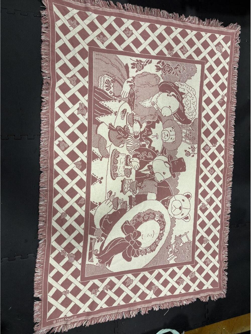 Vintage grannycore Cotton Tapestry Throw Blanket Pink Cream Fringed 48x70 Decore